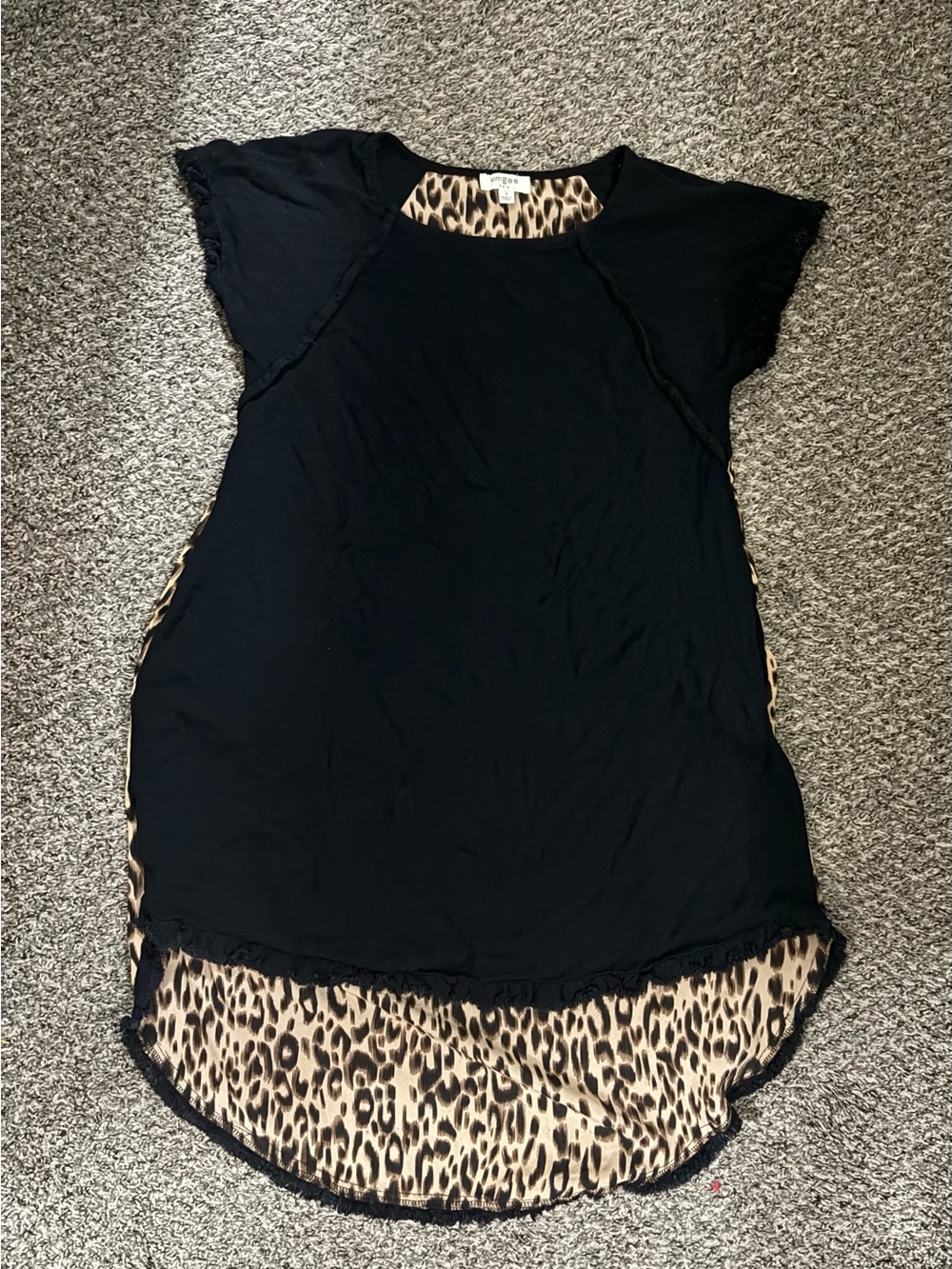 Umgee Black & Leopard Print High-Low Frayed Hem Tunic Dress